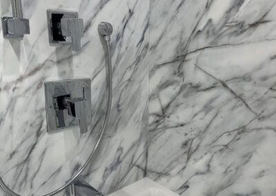 A closer look at the Galena Bathroom walls being shown in the showroom.