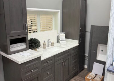 In the Show Room an example of a custom vanity that is available, and a series of colour options that are available.